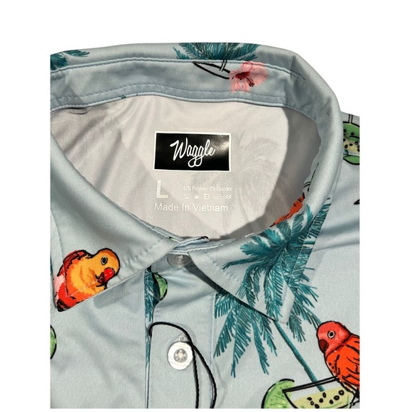 Waggle‎ Golf Polo Men's L Blue Margarita Birds All-Over Print Shirt - Picture 3 of 12